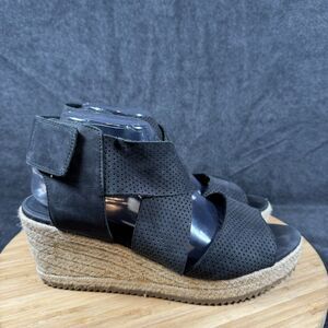 Eileen Fisher Willow Wedge Espadrilles Black Leather Sandals Sz 9.5‎